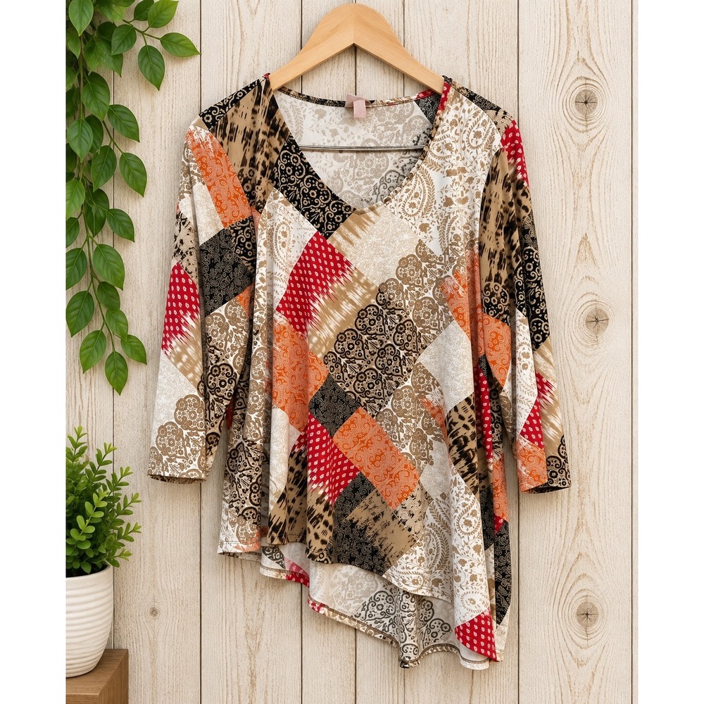 Chico's Size 3 XL Patchwork Asymmetrical V-Neck Tunic Top 3/4 Sleeve Multicolor